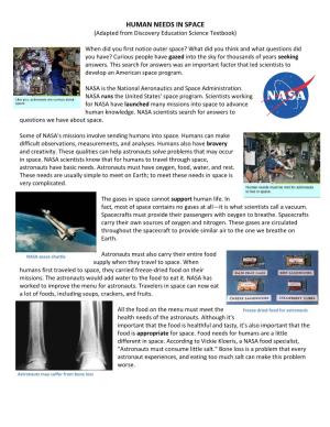 HUMAN NEEDS in SPACE (Adapted from Discovery Education Science Textbook)