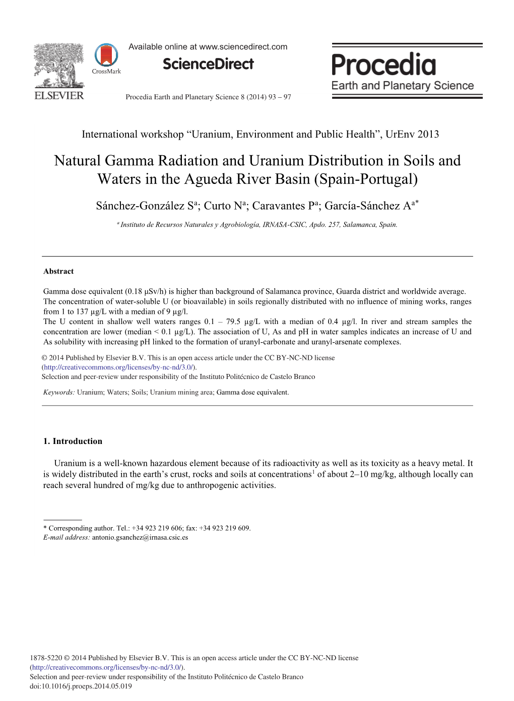 Natural Gamma Radiation and Uranium Distribution in Soils and Waters in the Agueda River Basin (Spain-Portugal)