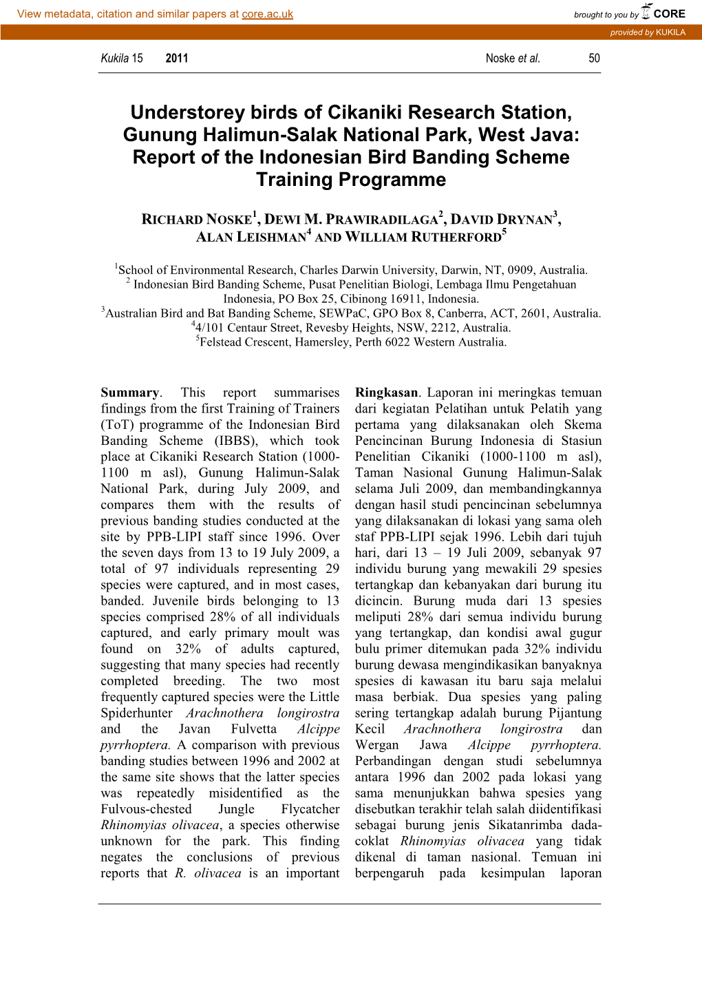 Understorey Birds of Cikaniki Research Station, Gunung Halimun-Salak National Park, West Java: Report of the Indonesian Bird Banding Scheme Training Programme