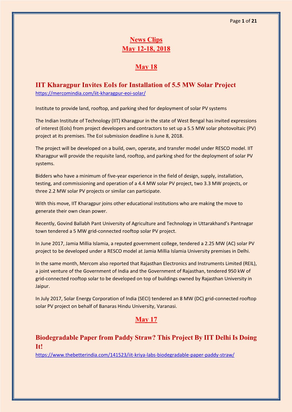 News Clips May 12-18, 2018 May 18 IIT Kharagpur Invites Eois For