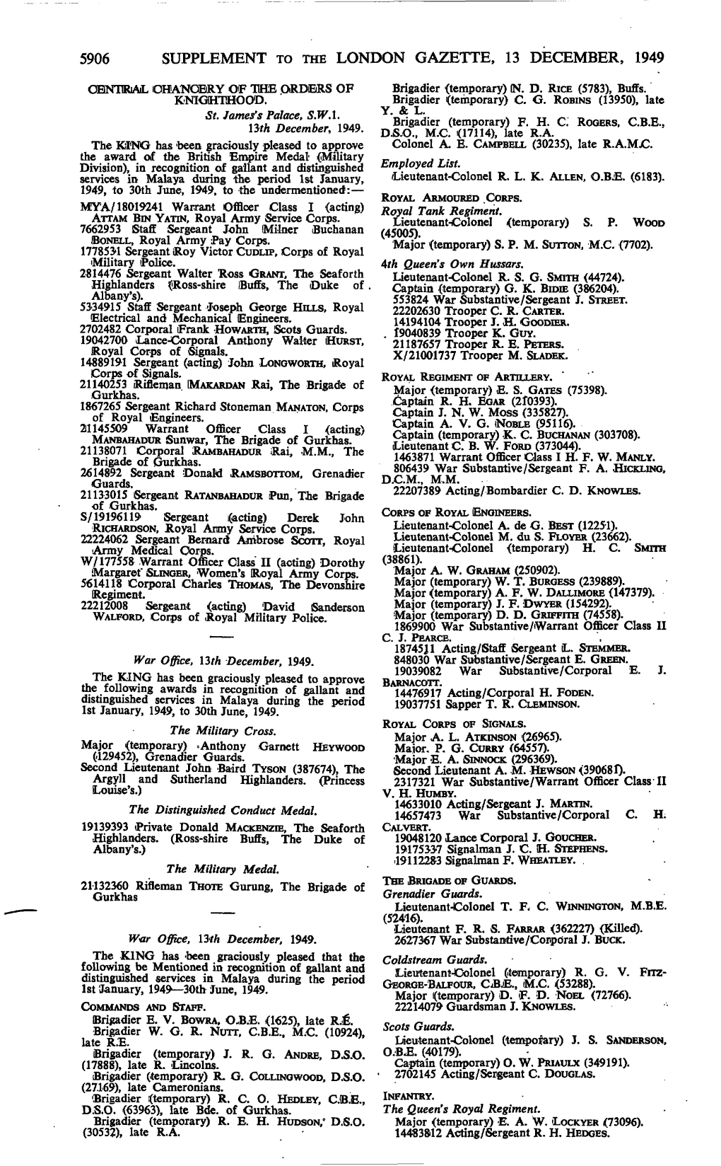 5906 Supplement to the London Gazette, 13 December, 1949
