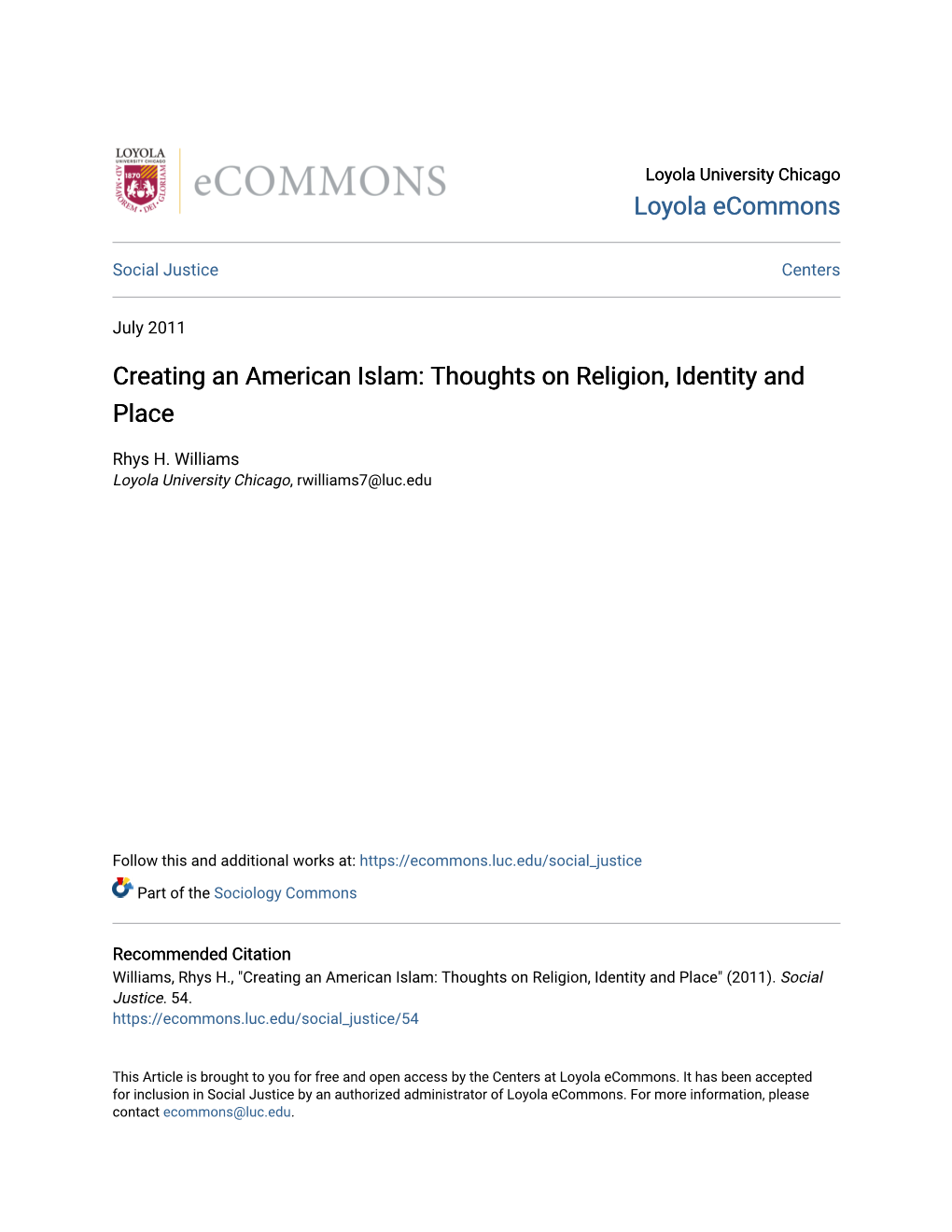 Creating an American Islam: Thoughts on Religion, Identity and Place