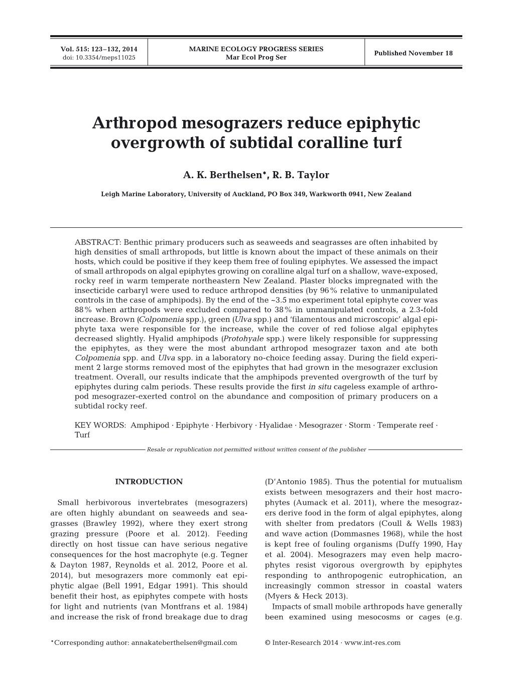 Arthropod Mesograzers Reduce Epiphytic Overgrowth of Subtidal Coralline Turf