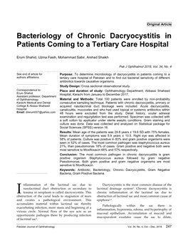 Bacteriology of Chronic Dacryocystitis in Patients Coming to a Tertiary Care Hospital