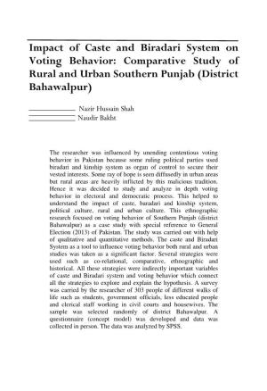 Impact of Caste and Biradari System on Voting Behavior: Comparative Study of Rural and Urban Southern Punjab (District Bahawalpur)