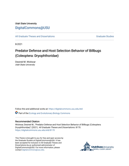 Predator Defense and Host Selection Behavior of Billbugs (Coleoptera: Dryophthoridae)