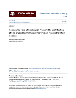 Houston, We Have a Gentrification Problem: the Gentrification Effects of Local Environmental Improvement Plans in the City of Houston