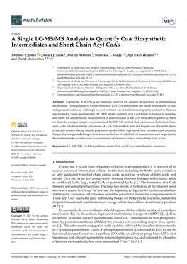 A Single LC-MS/MS Analysis to Quantify Coa Biosynthetic Intermediates and Short-Chain Acyl Coas