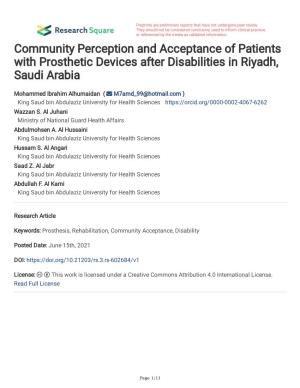 Community Perception and Acceptance of Patients with Prosthetic Devices After Disabilities in Riyadh, Saudi Arabia