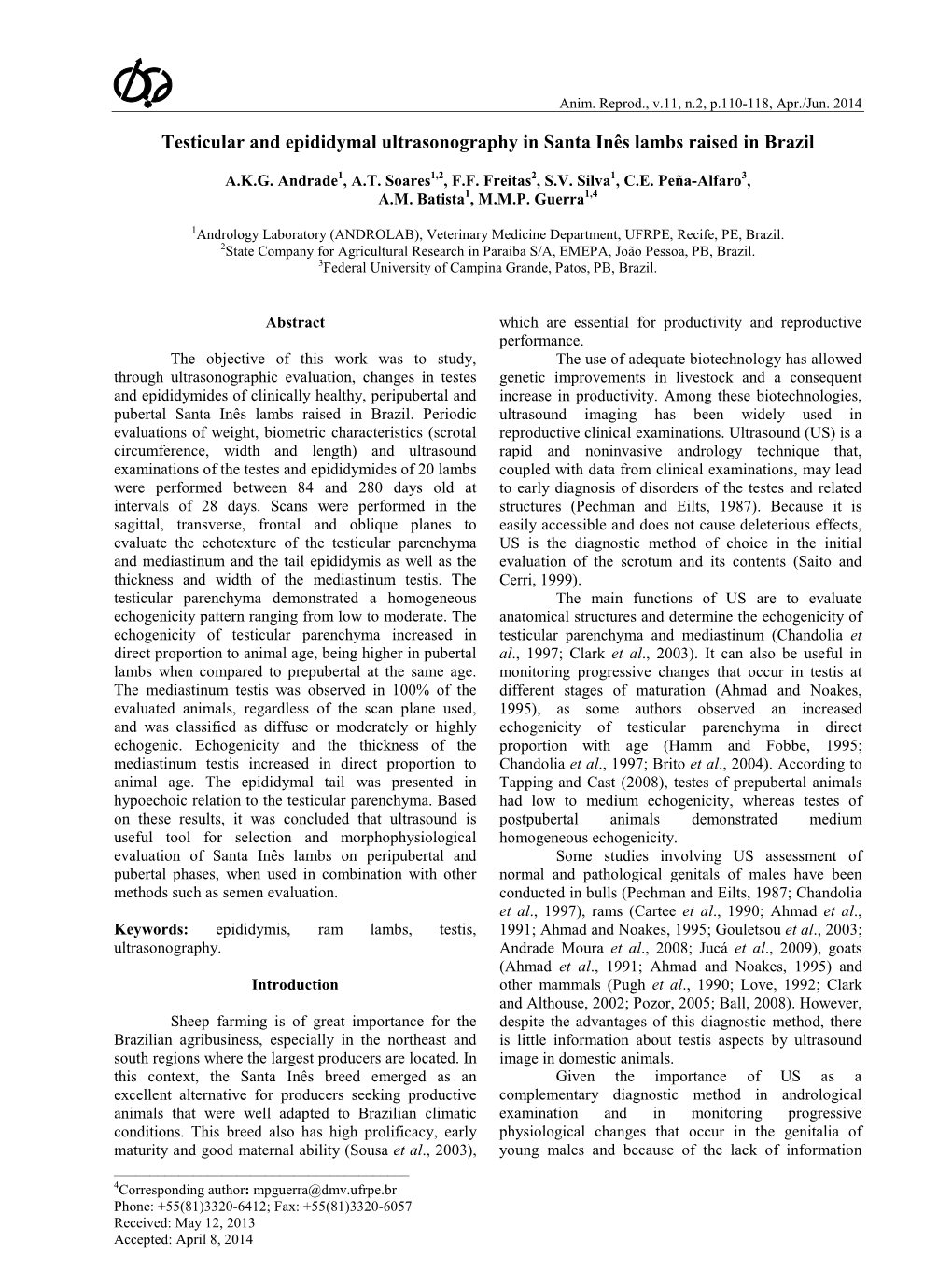 Testicular and Epididymal Ultrasonography in Santa Inês Lambs Raised in Brazil