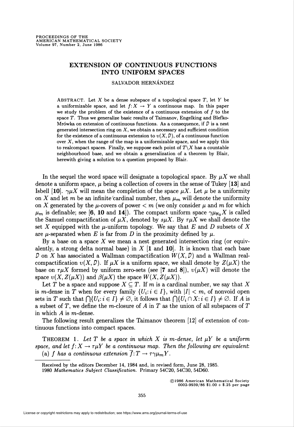 Extension of Continuous Functions Into Uniform Spaces Salvadorhernández