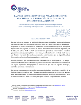 Balance Económico Y Social Para Los Municipios Adscritos a La Jurisdicción De La Cámara De Comercio De Cali 2017-2019
