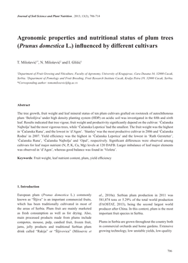 Agronomic Properties and Nutritional Status of Plum Trees (Prunus Domestica L.) Influenced by Different Cultivars