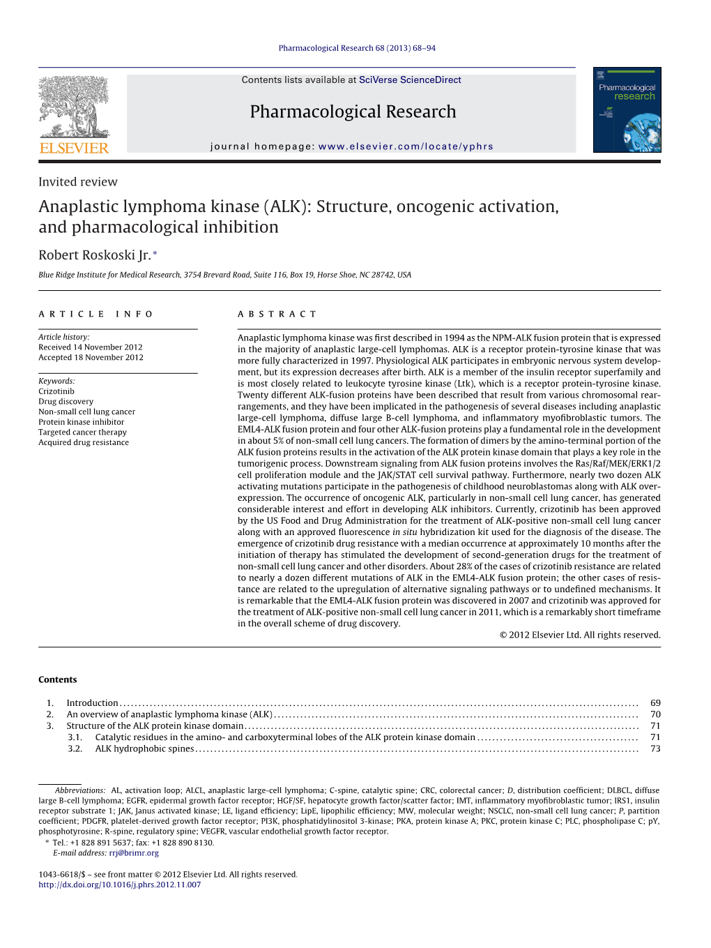 Anaplastic Lymphoma Kinase (ALK): Structure, Oncogenic Activation, and Pharmacological Inhibition