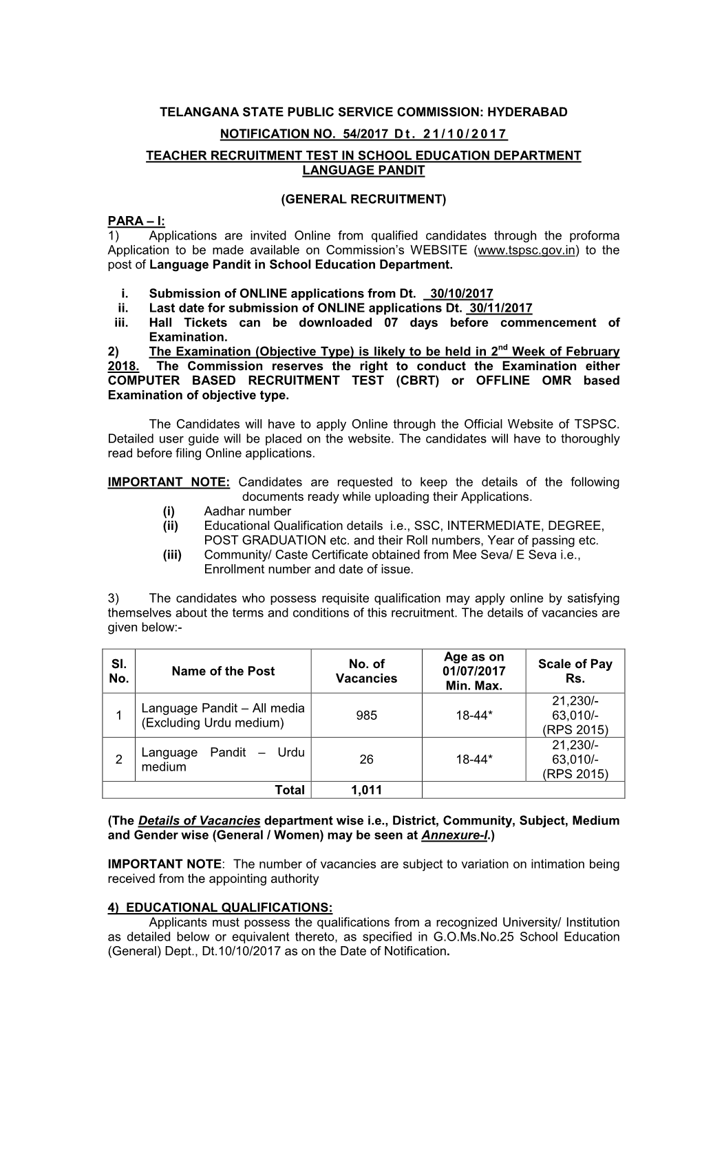 HYDERABAD NOTIFICATION NO. 54/2017 Dt. 21/10/2017 TEACHER