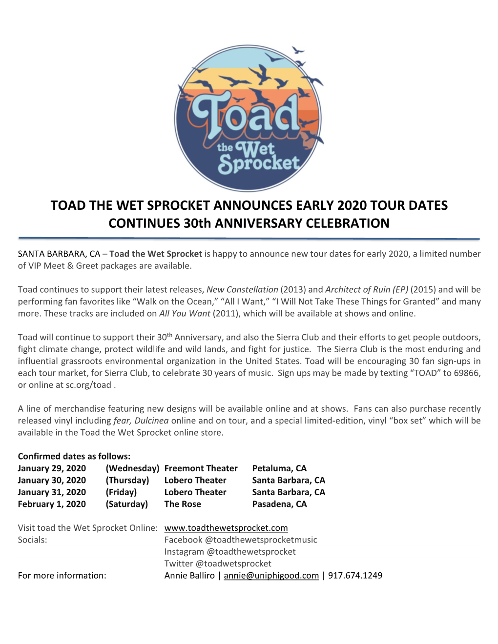 TOAD the WET SPROCKET ANNOUNCES EARLY 2020 TOUR DATES CONTINUES 30Th ANNIVERSARY CELEBRATION