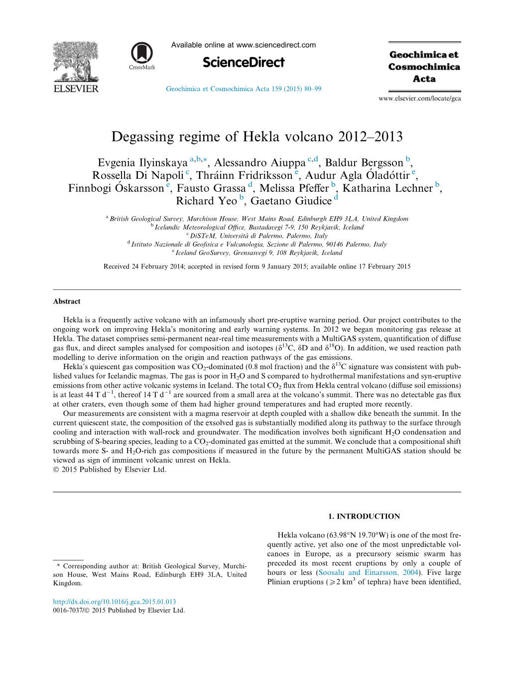 Degassing Regime of Hekla Volcano 2012Â€“2013