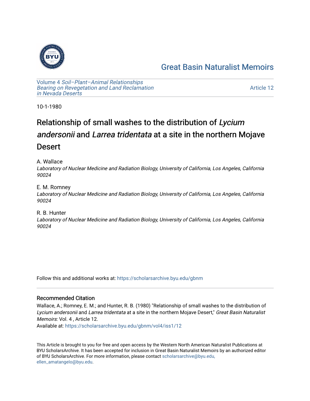 Relationship of Small Washes to the Distribution of Lycium Andersonii and Larrea Tridentata at a Site in the Northern Mojave Desert