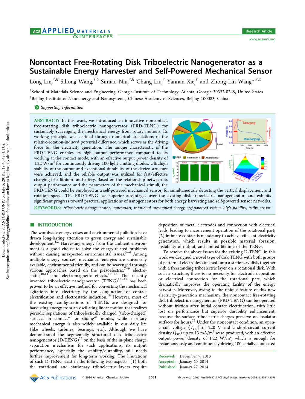 Noncontact Free-Rotating Disk Triboelectric Nanogenerator As A