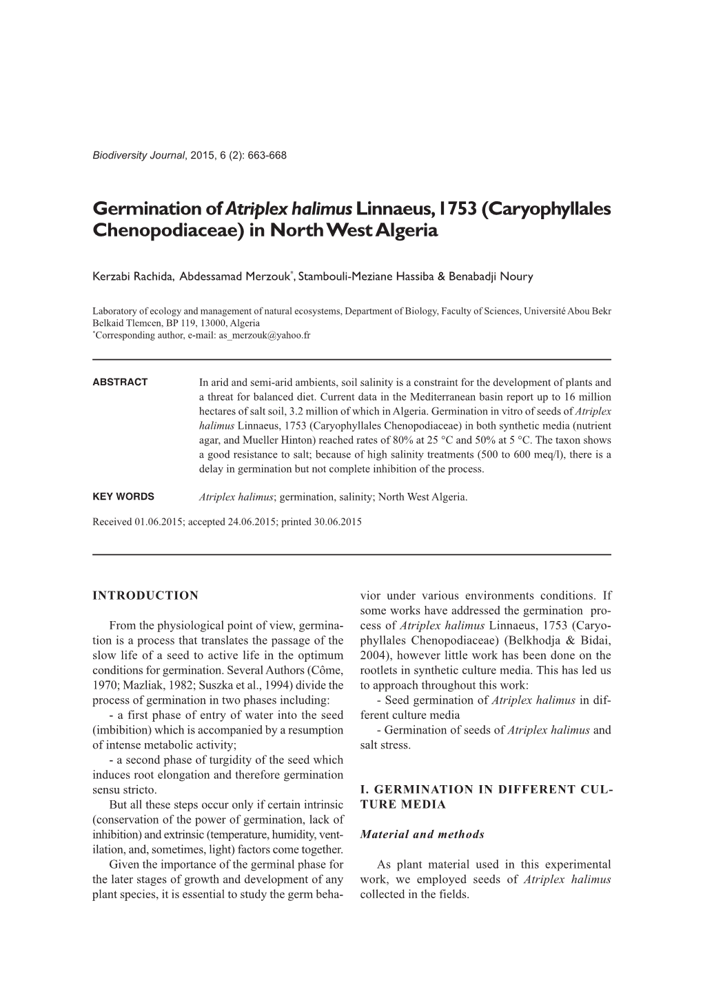 Germination of Atriplex Halimuslinnaeus, 1753