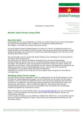 Betreft: Johan Ferrier Lezing 2018 Save the Date! Stichting Johan Ferrier Fonds
