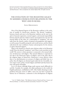 The Evolution of the Byzantine Legacy in Modern Church-State Relations in the West and in Russia