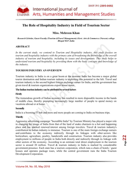 The Role of Hospitality Industry in Field of Tourism Sector