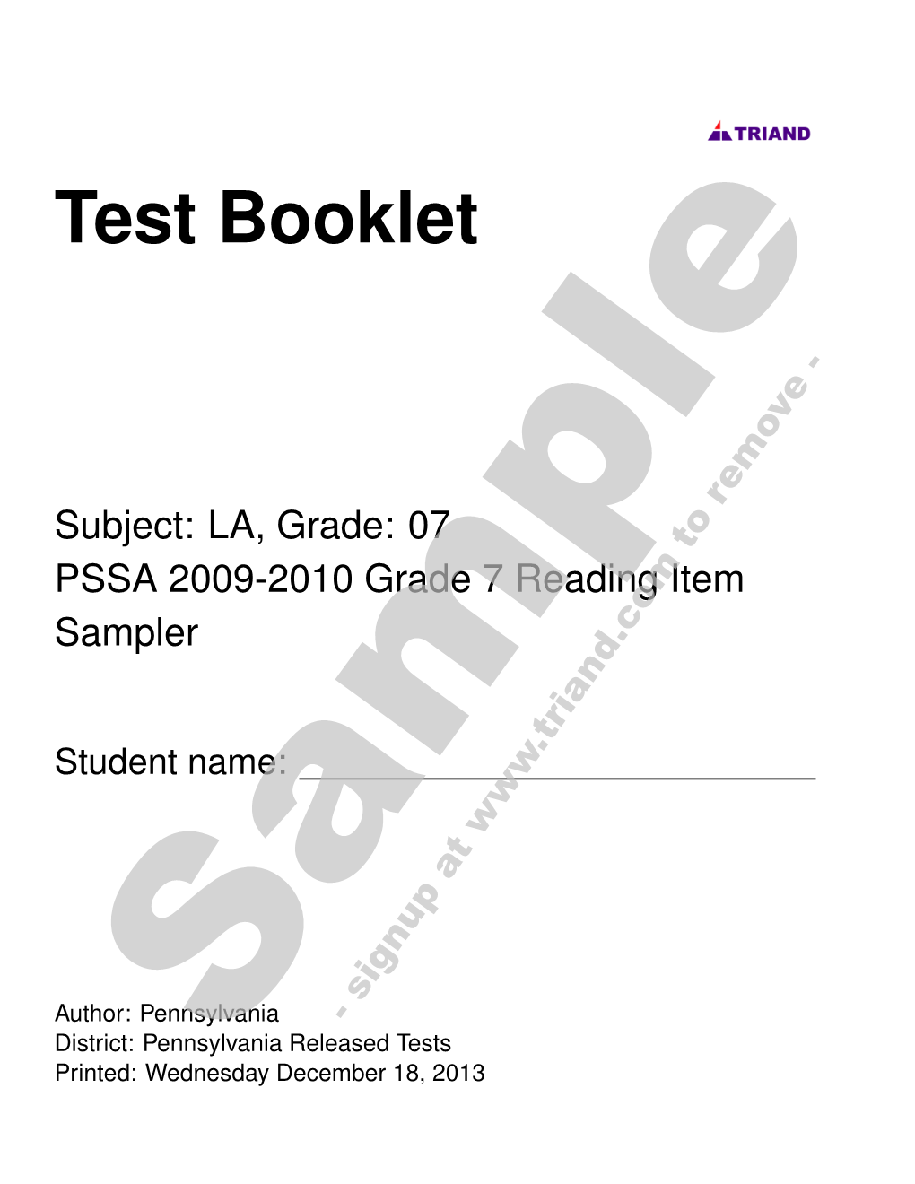 07 PSSA 2009-2010 Grade 7 Reading Item Sampler