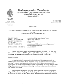 The Commonweakh of Massachusetts Mecutive Offrce Ofanergy Andenvironmentac~Lairs 100 Cam6ndge Street, Suite 900 Boston, MA 02114