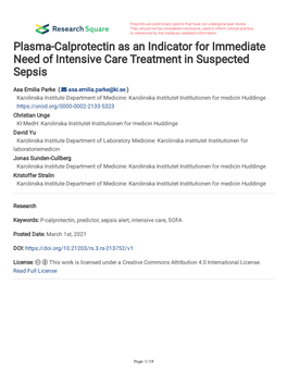 Plasma-Calprotectin As an Indicator for Immediate Need of Intensive Care Treatment in Suspected Sepsis