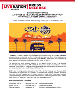 311 and the Offspring Announce Co-Headline ‘Never-Ending Summer Tour’ with Special Guests Gym Class Heroes