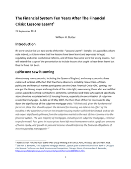 The Financial System Ten Years After the Financial Crisis: Lessons Learnt1