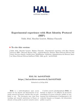 Experimental Experience with Host Identity Protocol (HIP) Nahla Abid, Maryline Laurent, Hakima Chaouchi