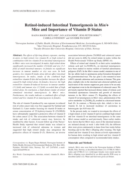 Retinol-Induced Intestinal Tumorigenesis in Min/+ Mice and Importance of Vitamin D Status