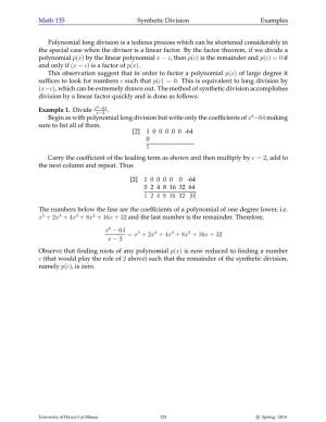 Math 135 Synthetic Division Examples Polynomial Long Division Is A