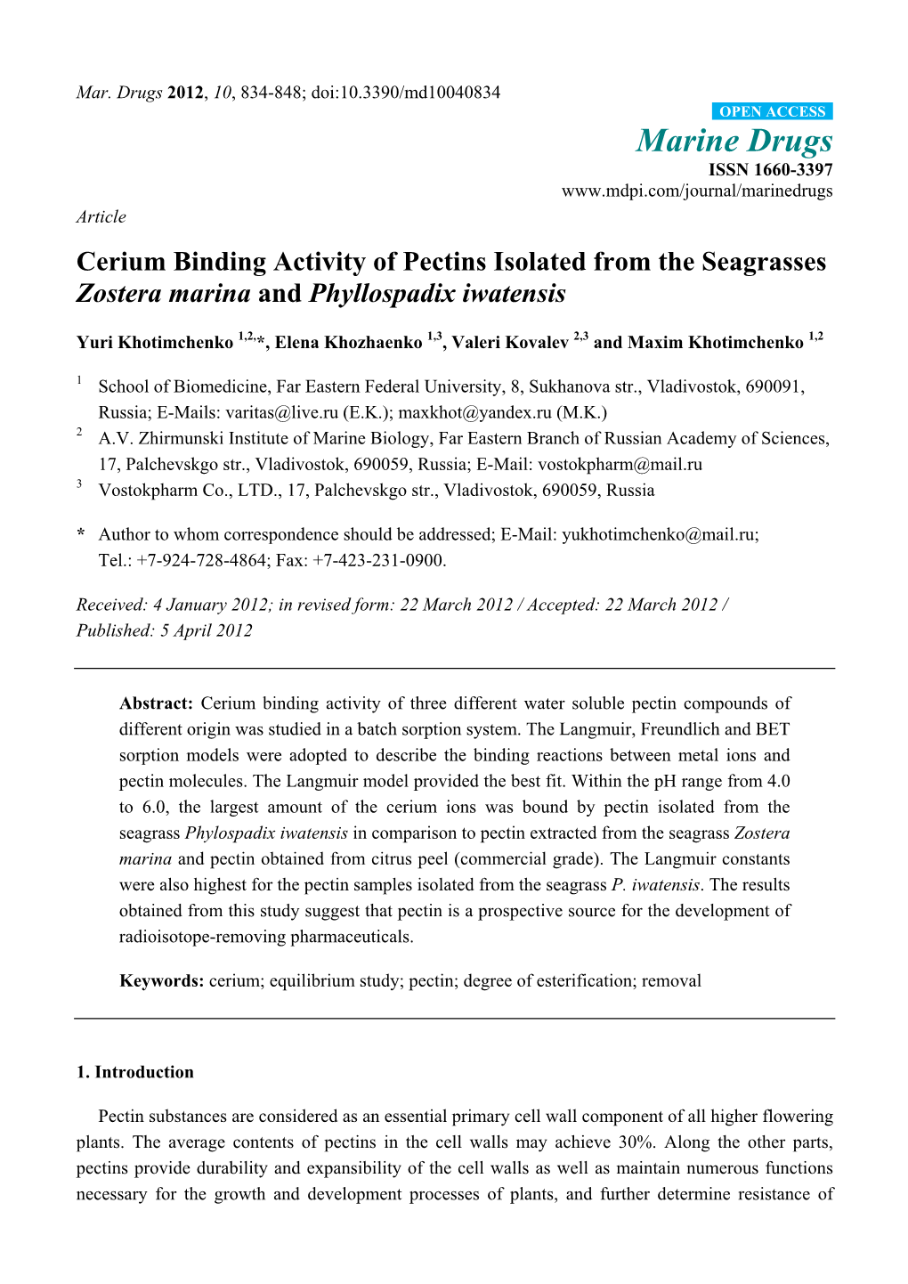 Cerium Binding Activity of Pectins Isolated from the Seagrasses Zostera Marina and Phyllospadix Iwatensis