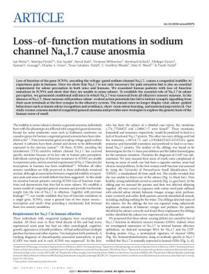 Loss-Of-Function Mutations in Sodium Channel Nav1.7 Cause Anosmia
