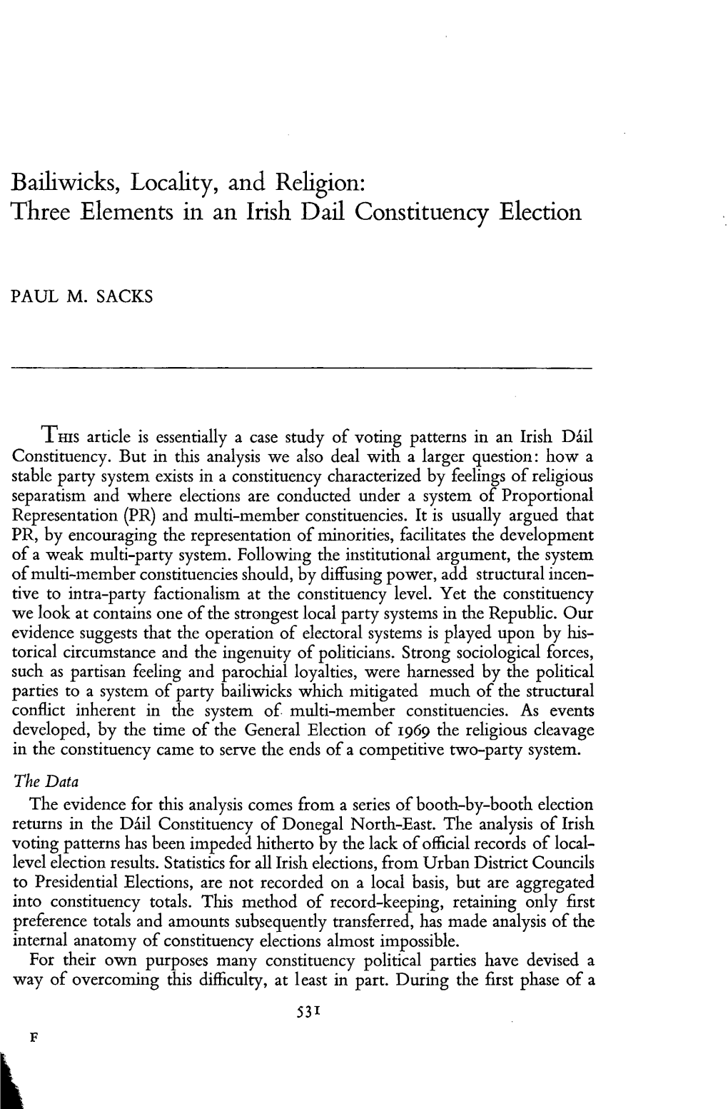 Bailiwicks, Locality, and Religion: Three Elements in an Irish Dail Constituency Election