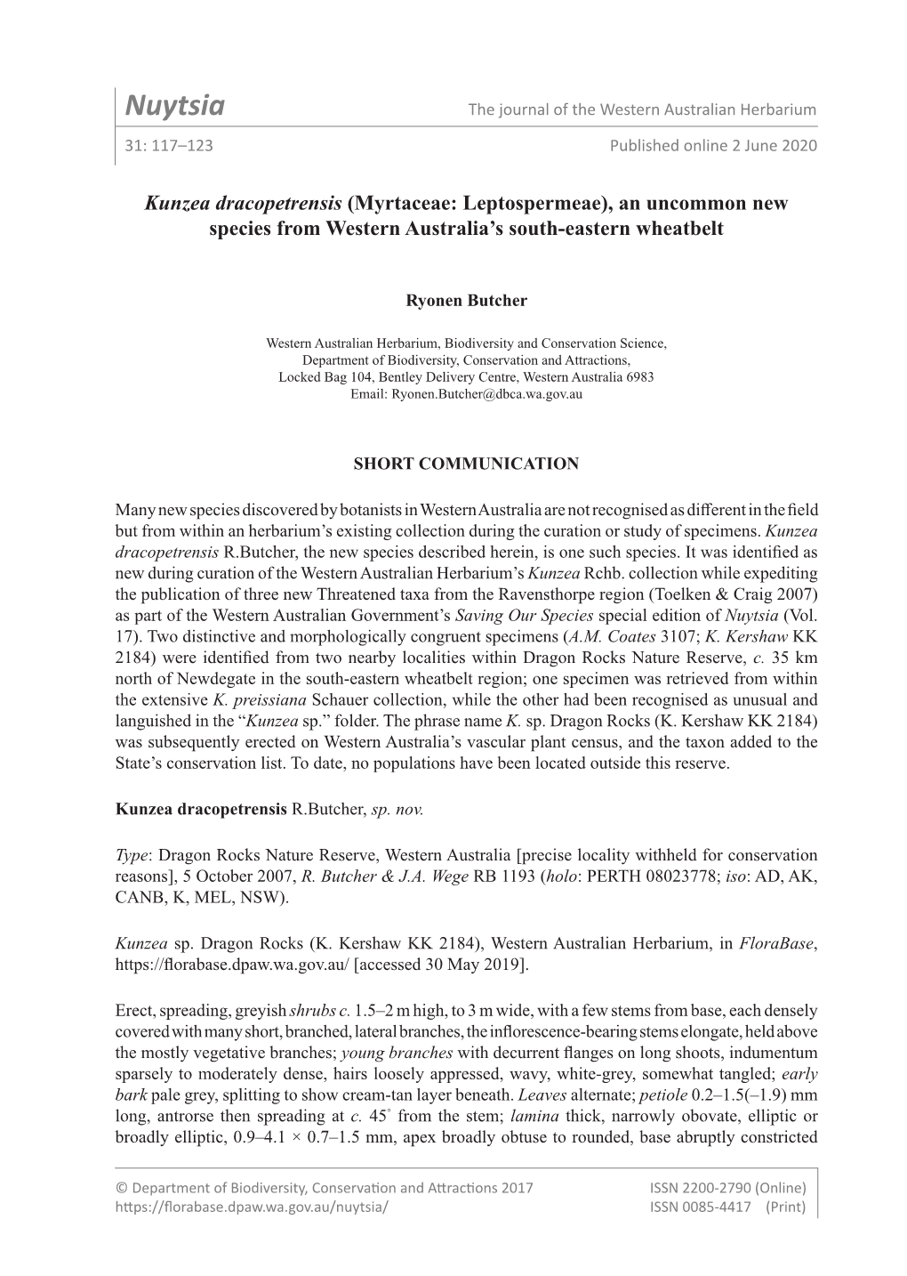 Nuytsia the Journal of the Western Australian Herbarium 31: 117–123 Published Online 2 June 2020