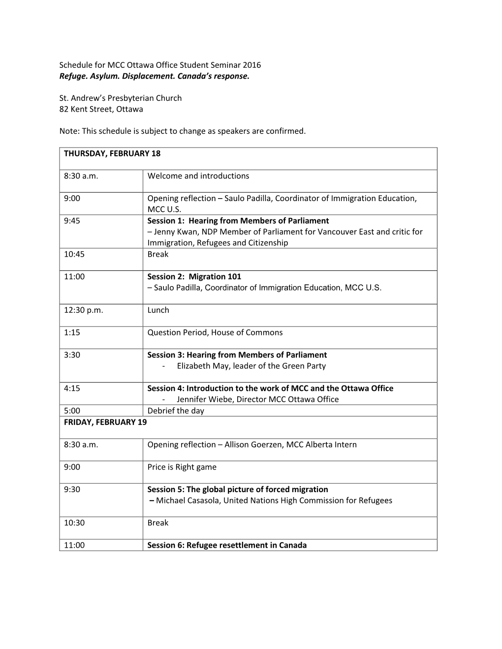 Schedule for MCC Ottawa Office Student Seminar 2016 Refuge