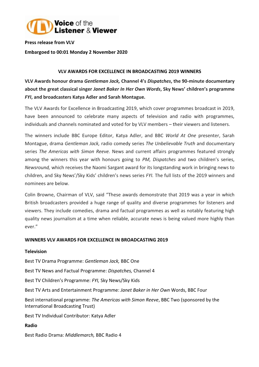 Press Release from VLV Embargoed to 00:01 Monday 2 November 2020