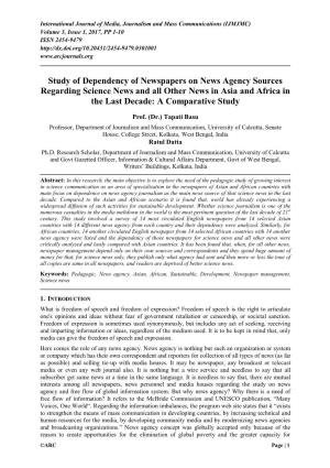 Study of Dependency of Newspapers on News Agency Sources Regarding Science News and All Other News in Asia and Africa in the Last Decade: a Comparative Study