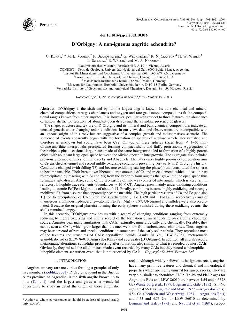 D'orbigny: a Non-Igneous Angritic Achondrite?