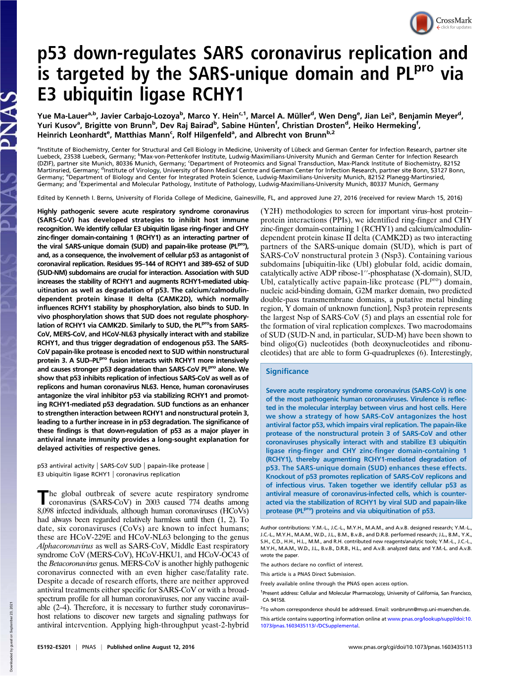 P53 Down-Regulates SARS Coronavirus Replication and Is Targeted by the SARS-Unique Domain and Plpro Via E3 Ubiquitin Ligase RCHY1