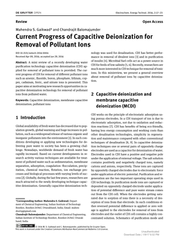 Current Progress of Capacitive Deionization for Removal of Pollutant Ions