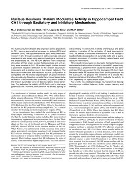 Nucleus Reuniens Thalami Modulates Activity in Hippocampal Field CA1 Through Excitatory and Inhibitory Mechanisms