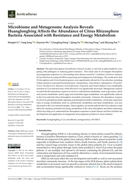 Microbiome and Metagenome Analysis Reveals Huanglongbing Affects the Abundance of Citrus Rhizosphere Bacteria Associated with Resistance and Energy Metabolism