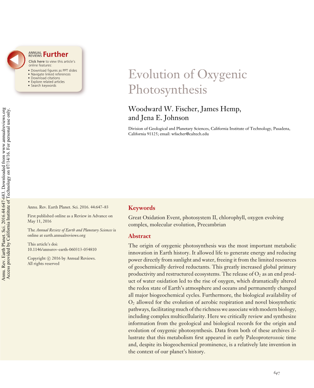 Evolution of Oxygenic Photosynthesis