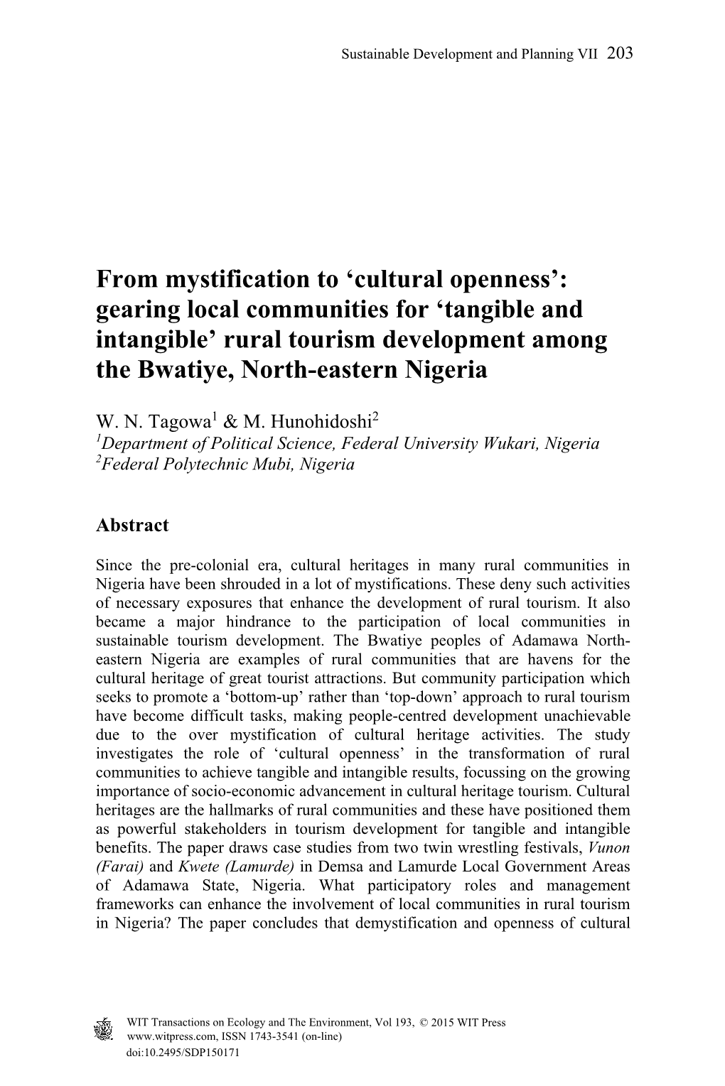 Cultural Openness’: Gearing Local Communities for ‘Tangible and Intangible’ Rural Tourism Development Among the Bwatiye, North-Eastern Nigeria