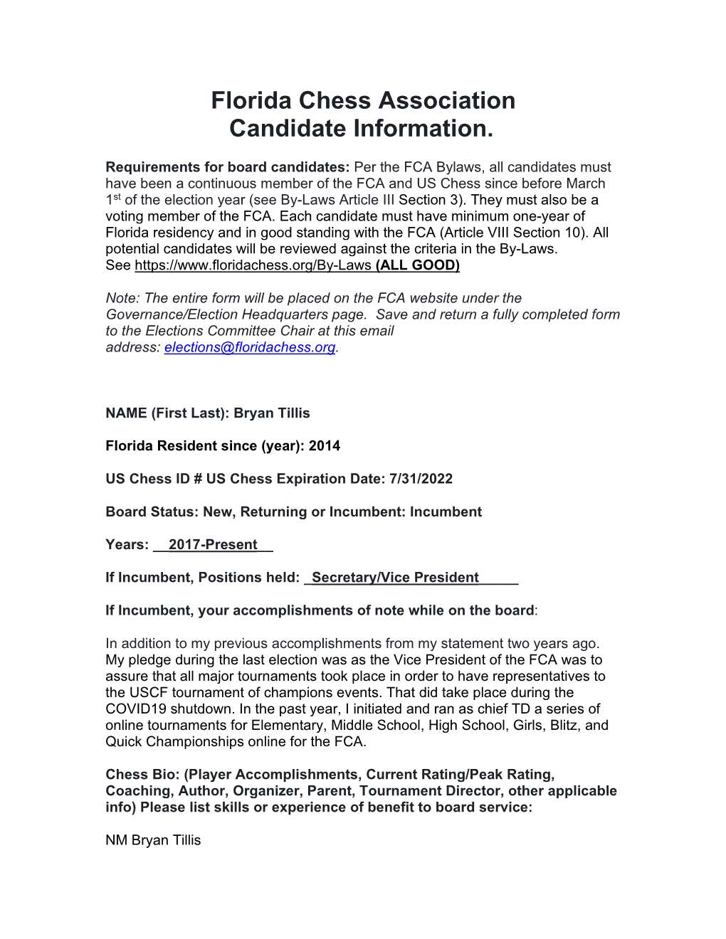 Florida Chess Association Candidate Information